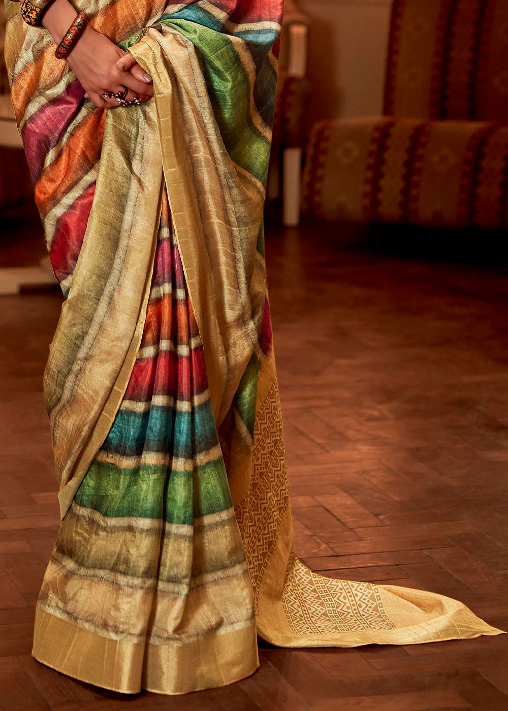 Multicolored Cream Printed Banarasi Saree With Fancy Blouse