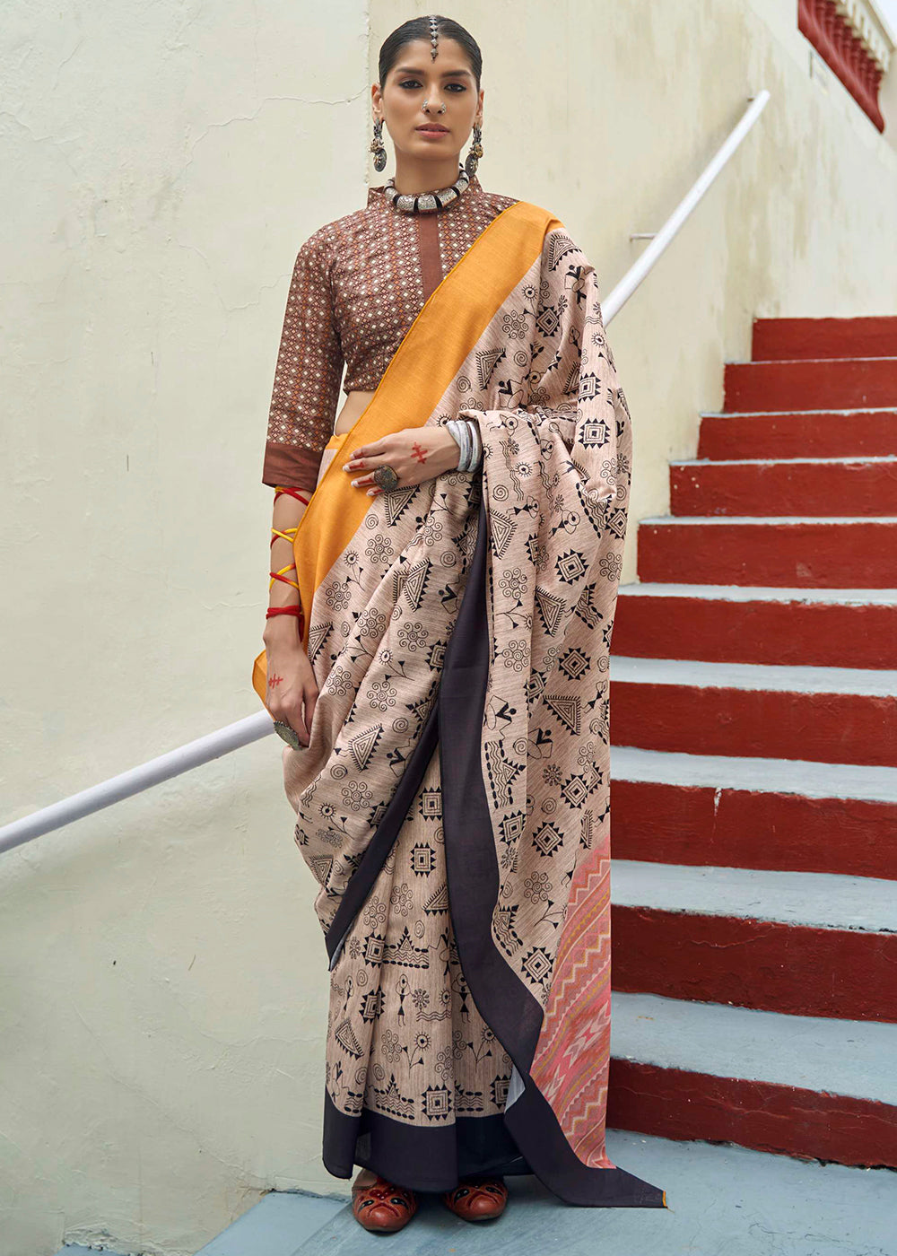 Brown and Yellow Ajrakh Printed Designer Banarasi Saree