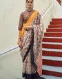 Brown and Yellow Ajrakh Printed Designer Banarasi Saree