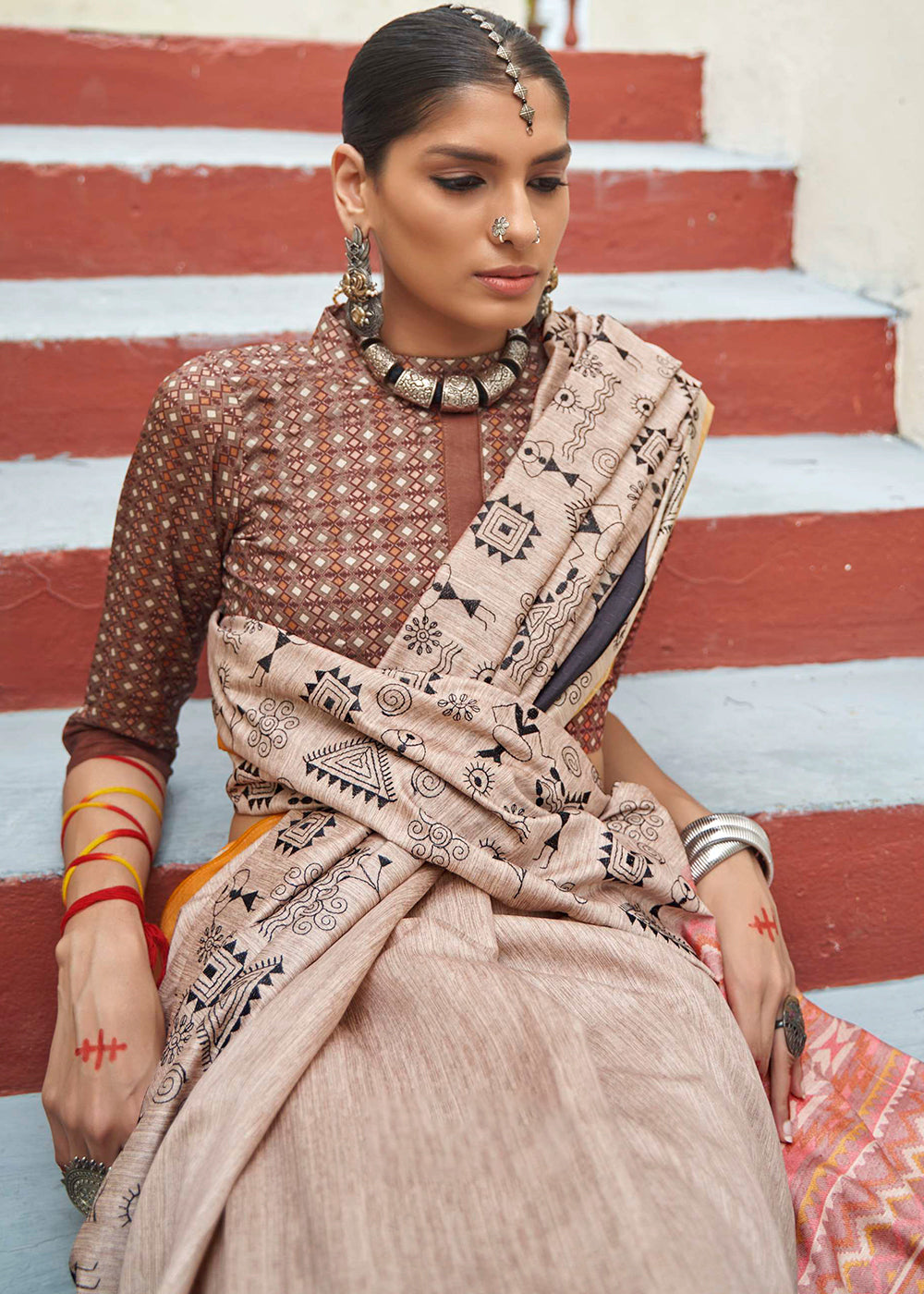 Brown and Yellow Ajrakh Printed Designer Banarasi Saree