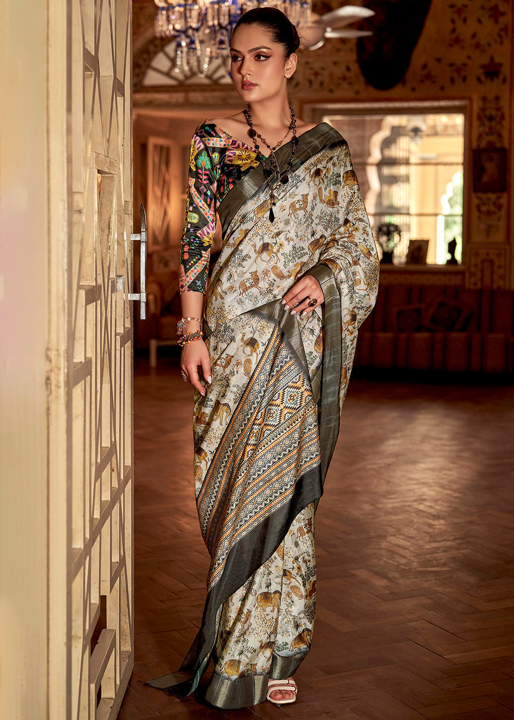 White and Grey Printed Banarasi Saree With Fancy Blouse