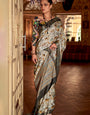 White and Grey Printed Banarasi Saree With Fancy Blouse