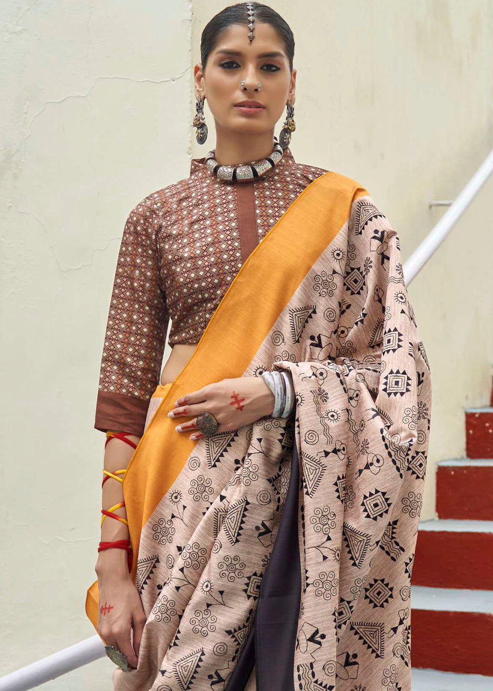 Brown and Yellow Ajrakh Printed Designer Banarasi Saree