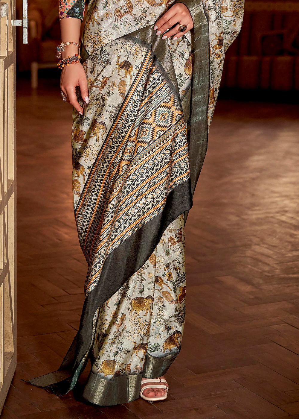 White and Grey Printed Banarasi Saree With Fancy Blouse