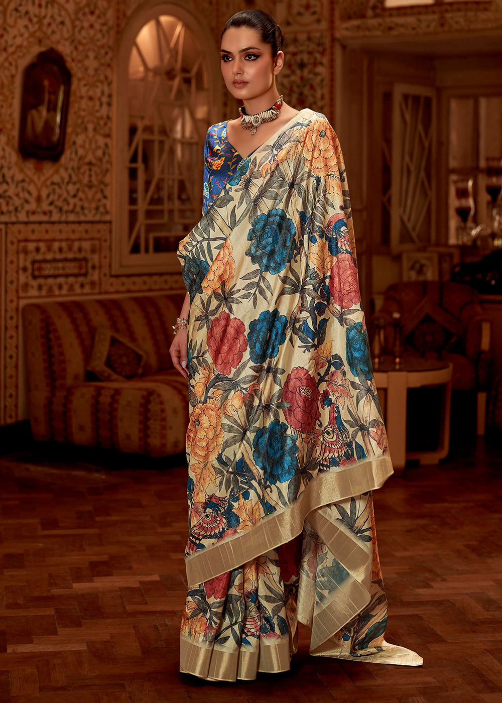 Cream and Blue Printed Banarasi Saree With Fancy Blouse