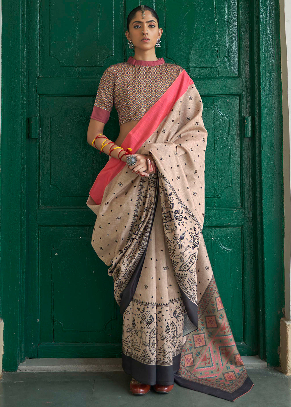 Vanilla Pink Ajrakh Printed Designer Banarasi Saree