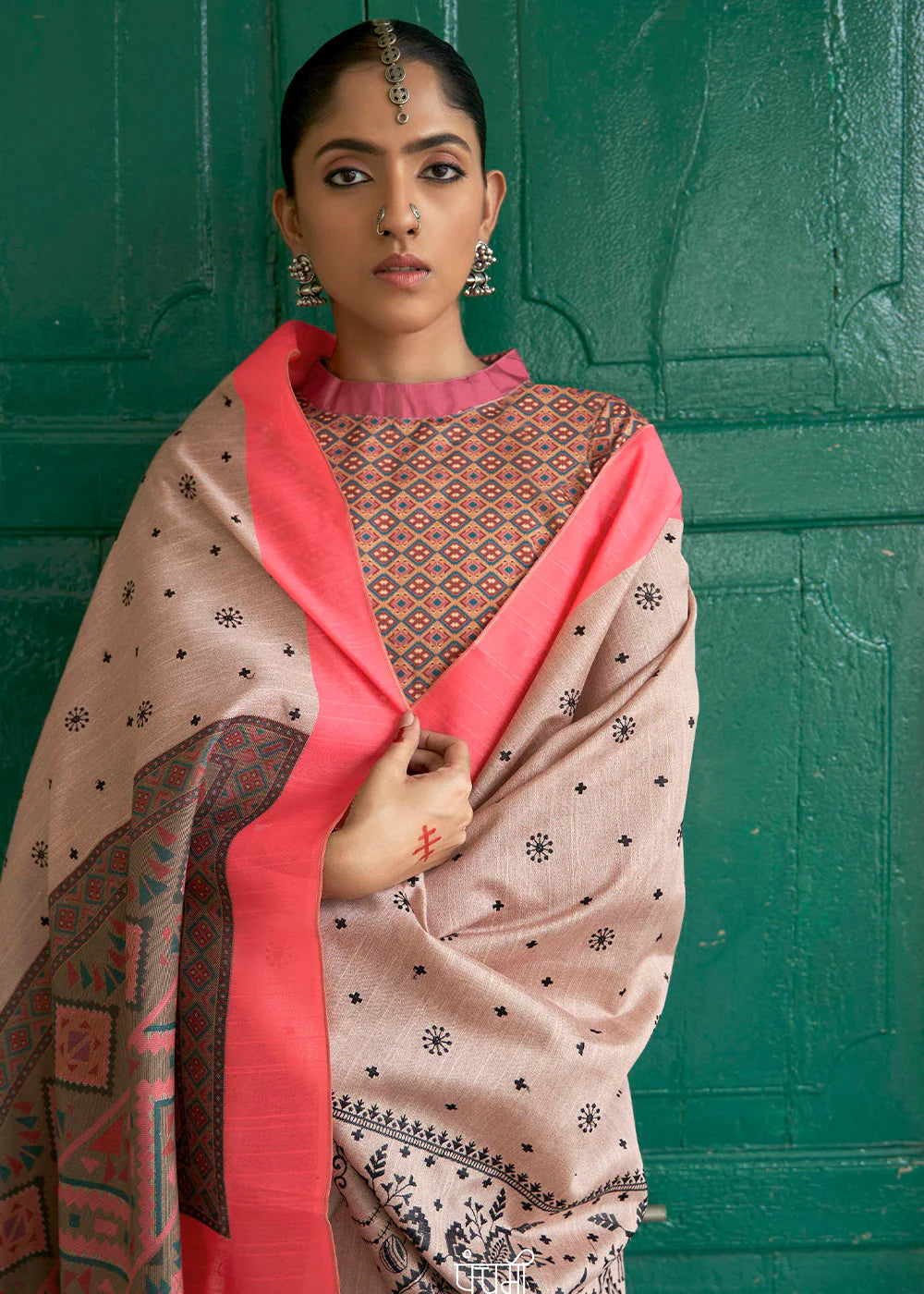 Vanilla Pink Ajrakh Printed Designer Banarasi Saree