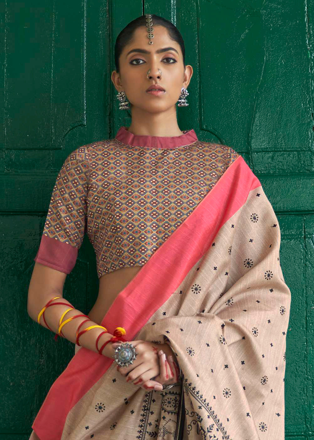 Vanilla Pink Ajrakh Printed Designer Banarasi Saree