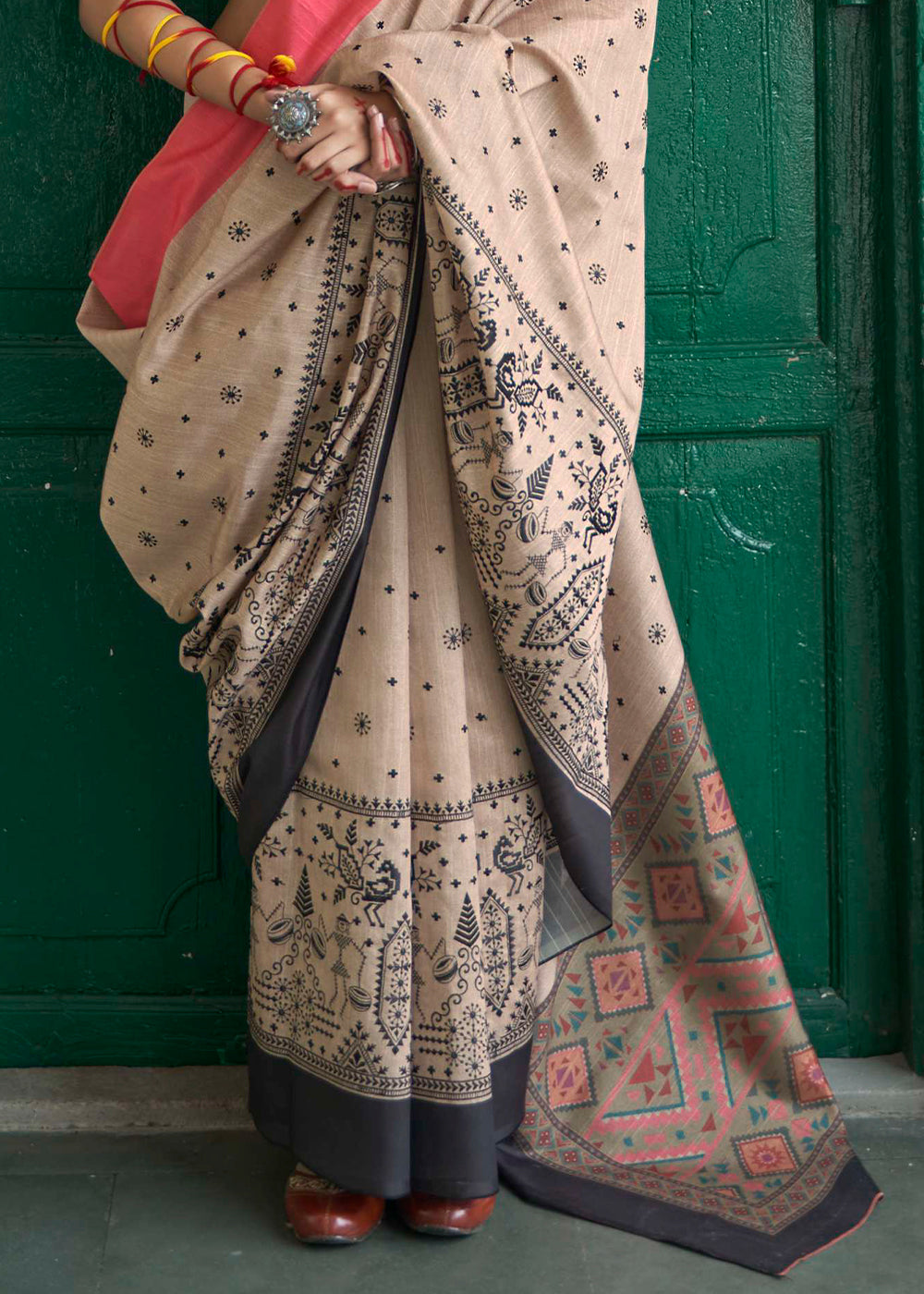 Vanilla Pink Ajrakh Printed Designer Banarasi Saree