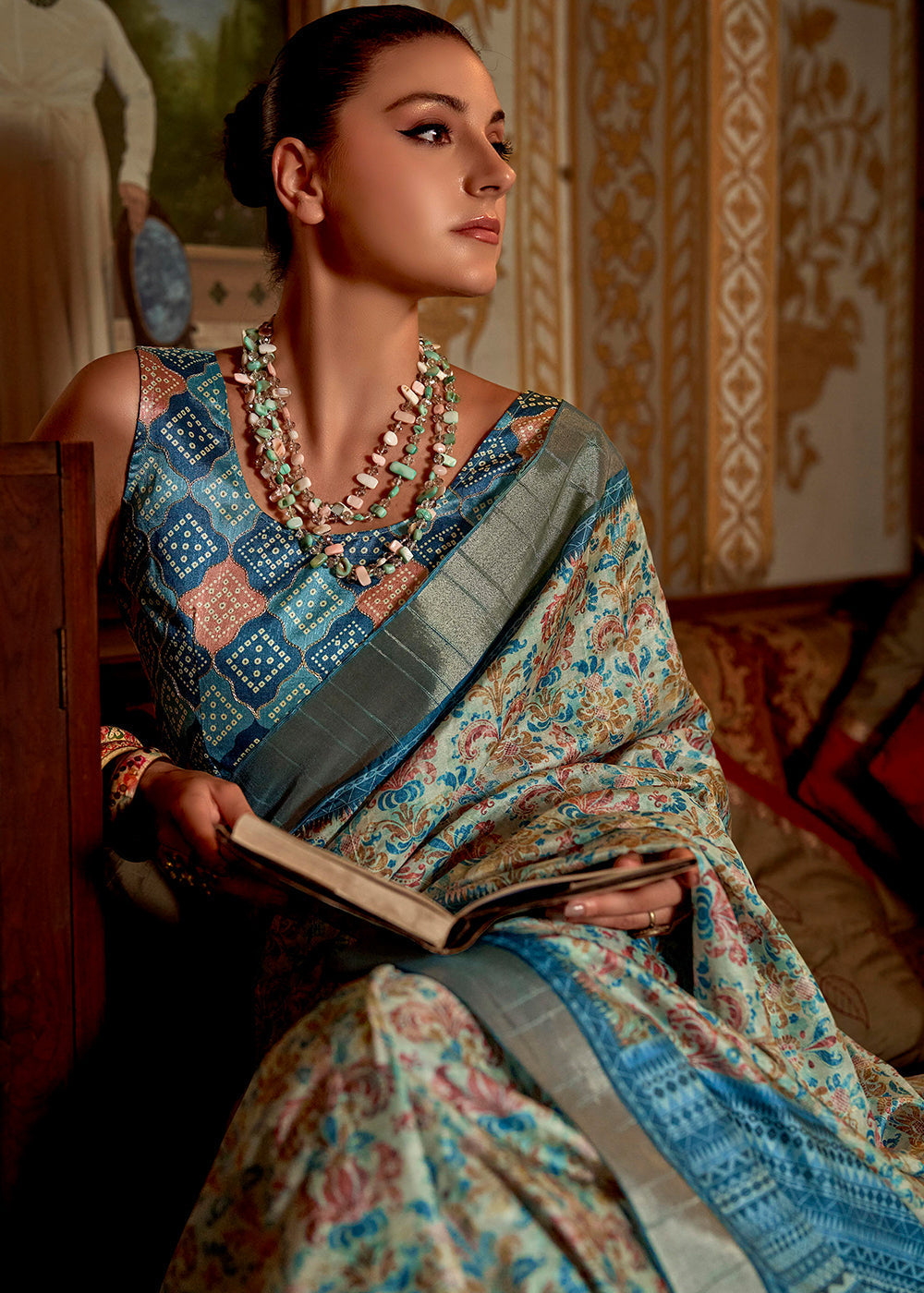 Soft Blue Printed Banarasi Saree With Fancy Blouse