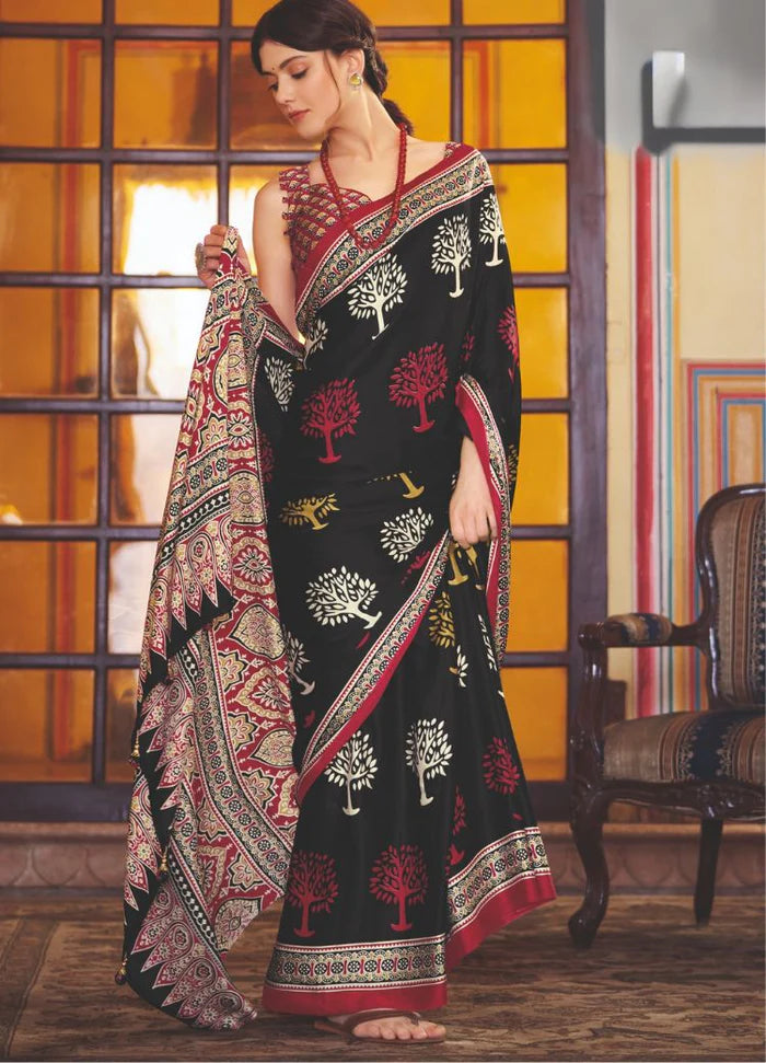 Black And Red New Ajrakh Printed Satin Crepe Saree