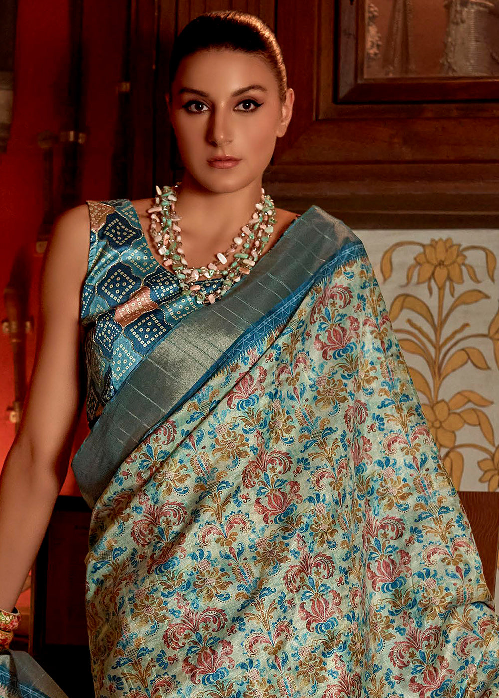 Soft Blue Printed Banarasi Saree With Fancy Blouse