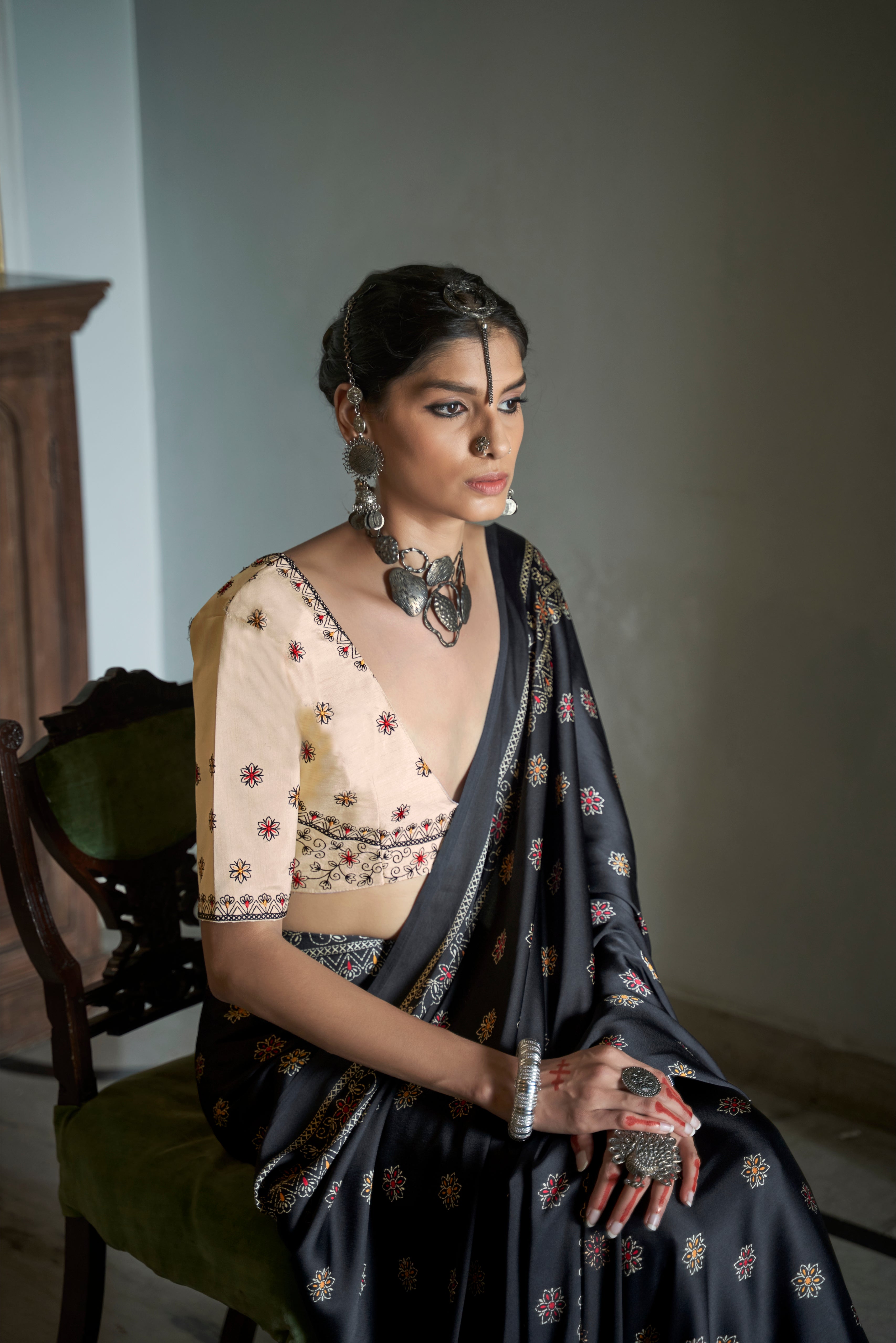 Black Gajji Silk Ajrakh Saree with Contrass embroidery blouse S102