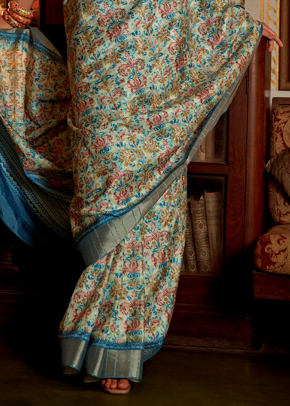 Soft Blue Printed Banarasi Saree With Fancy Blouse