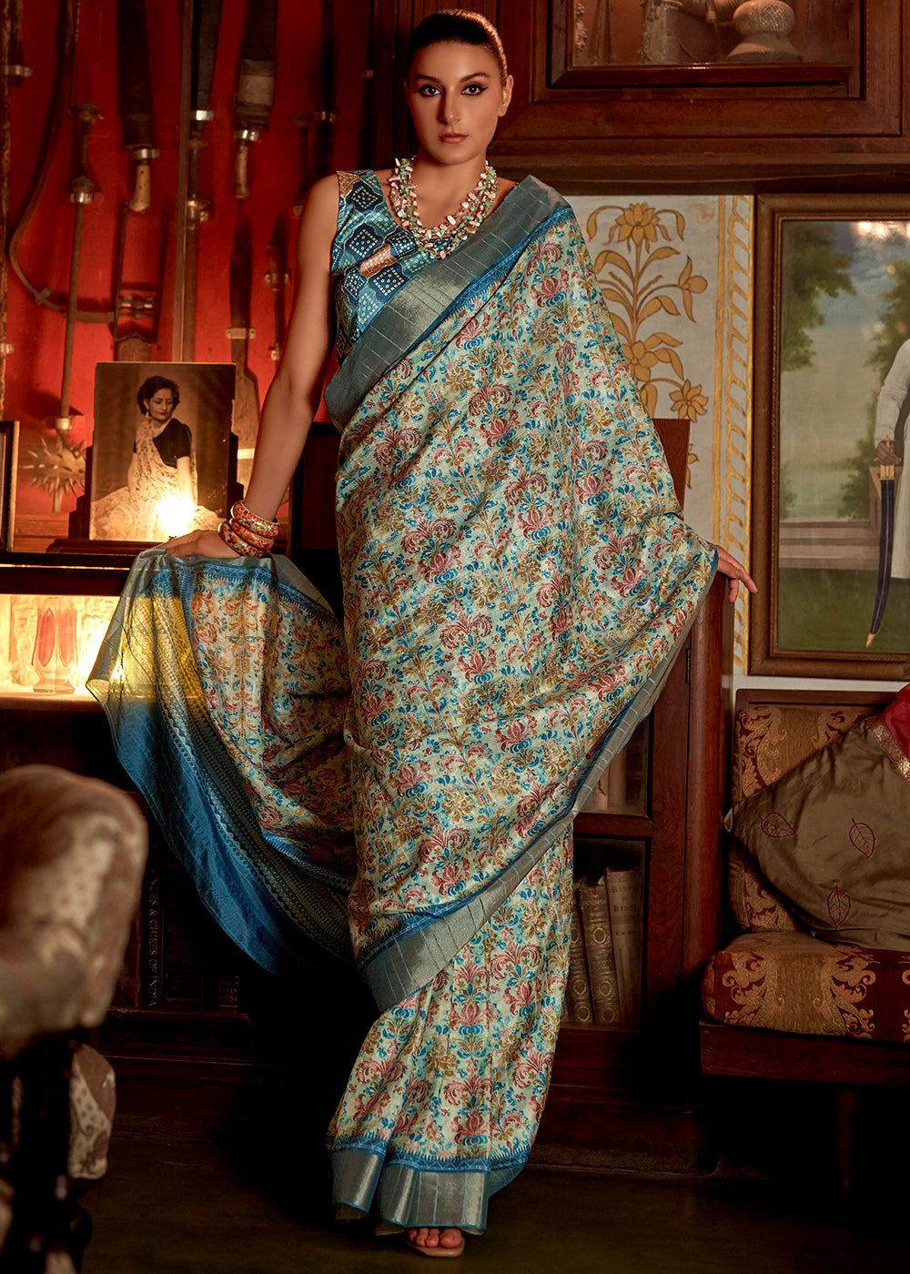 Soft Blue Printed Banarasi Saree With Fancy Blouse