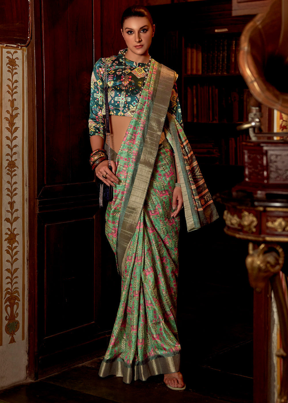 Green Printed Banarasi Saree With Fancy Blouse