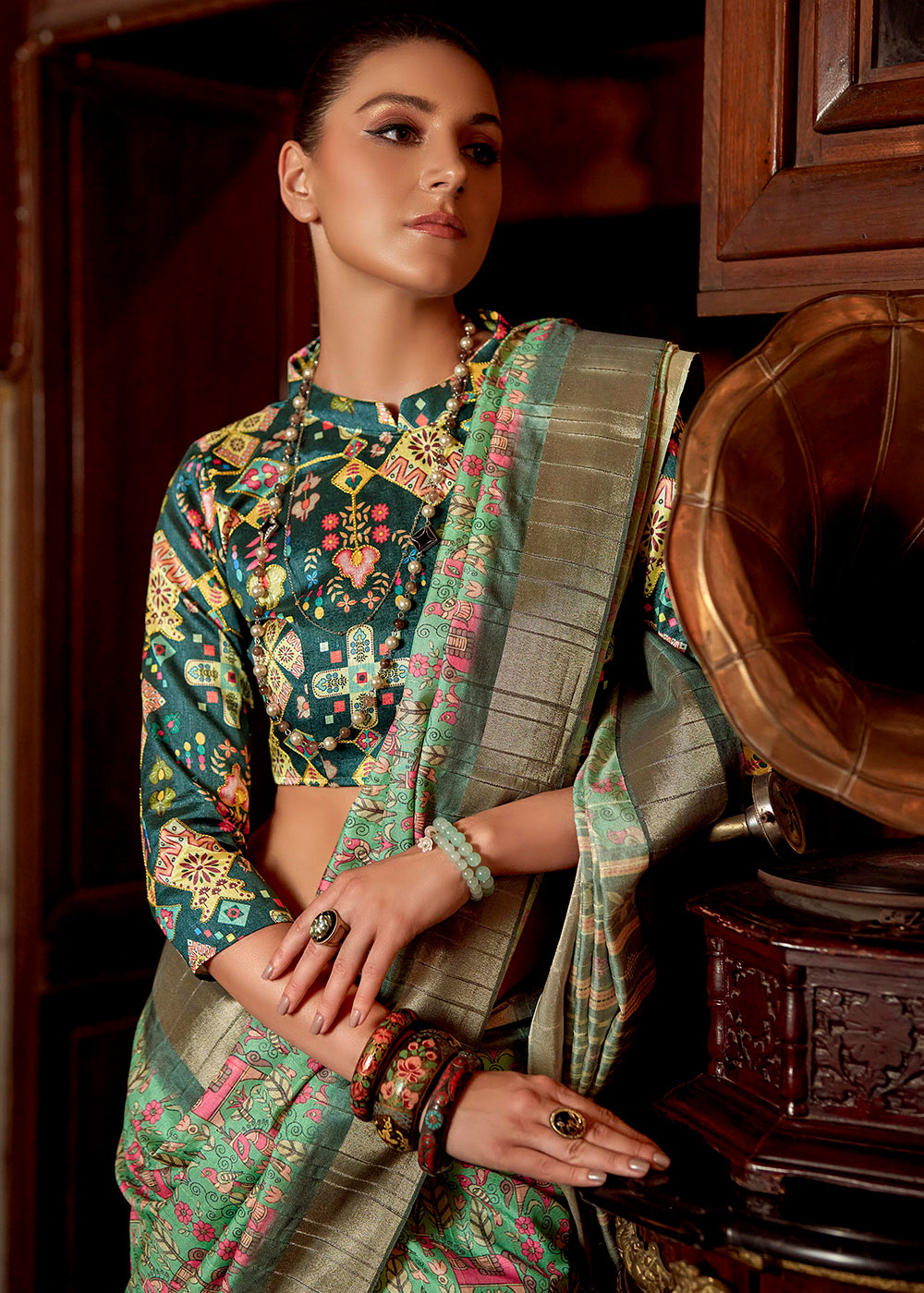 Green Printed Banarasi Saree With Fancy Blouse