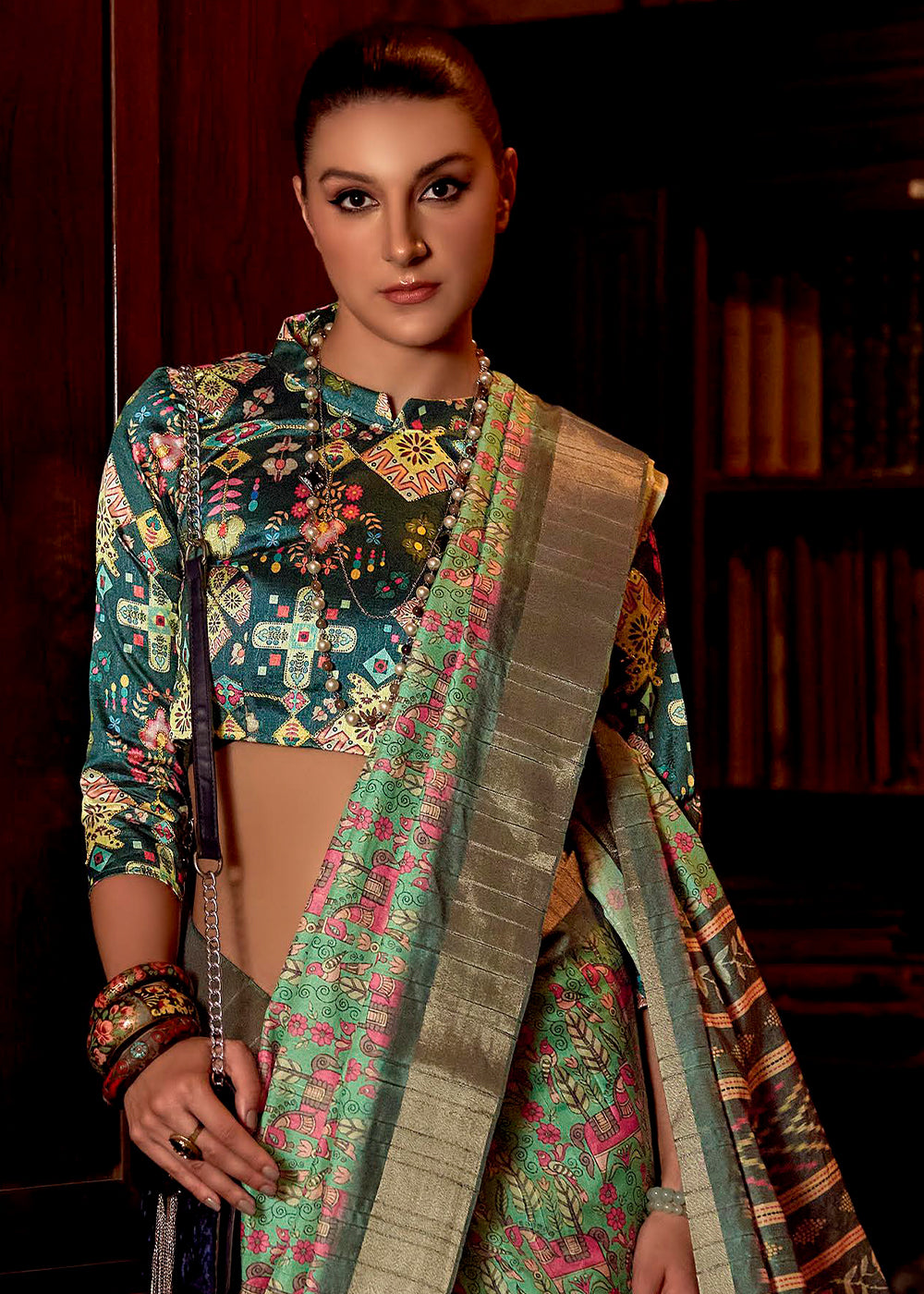 Green Printed Banarasi Saree With Fancy Blouse