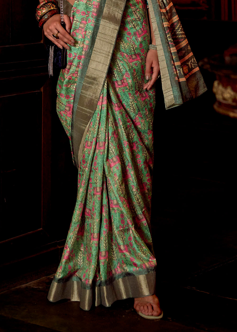 Green Printed Banarasi Saree With Fancy Blouse