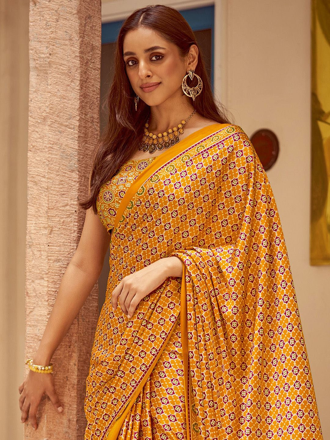 Mustard New Ajrakh Printed Satin Crepe Saree