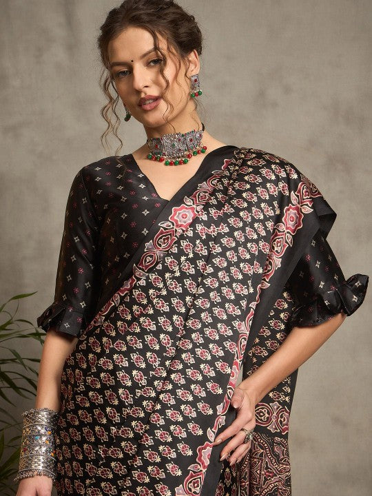 Ajrak Crepe Block Print Sarees 403
