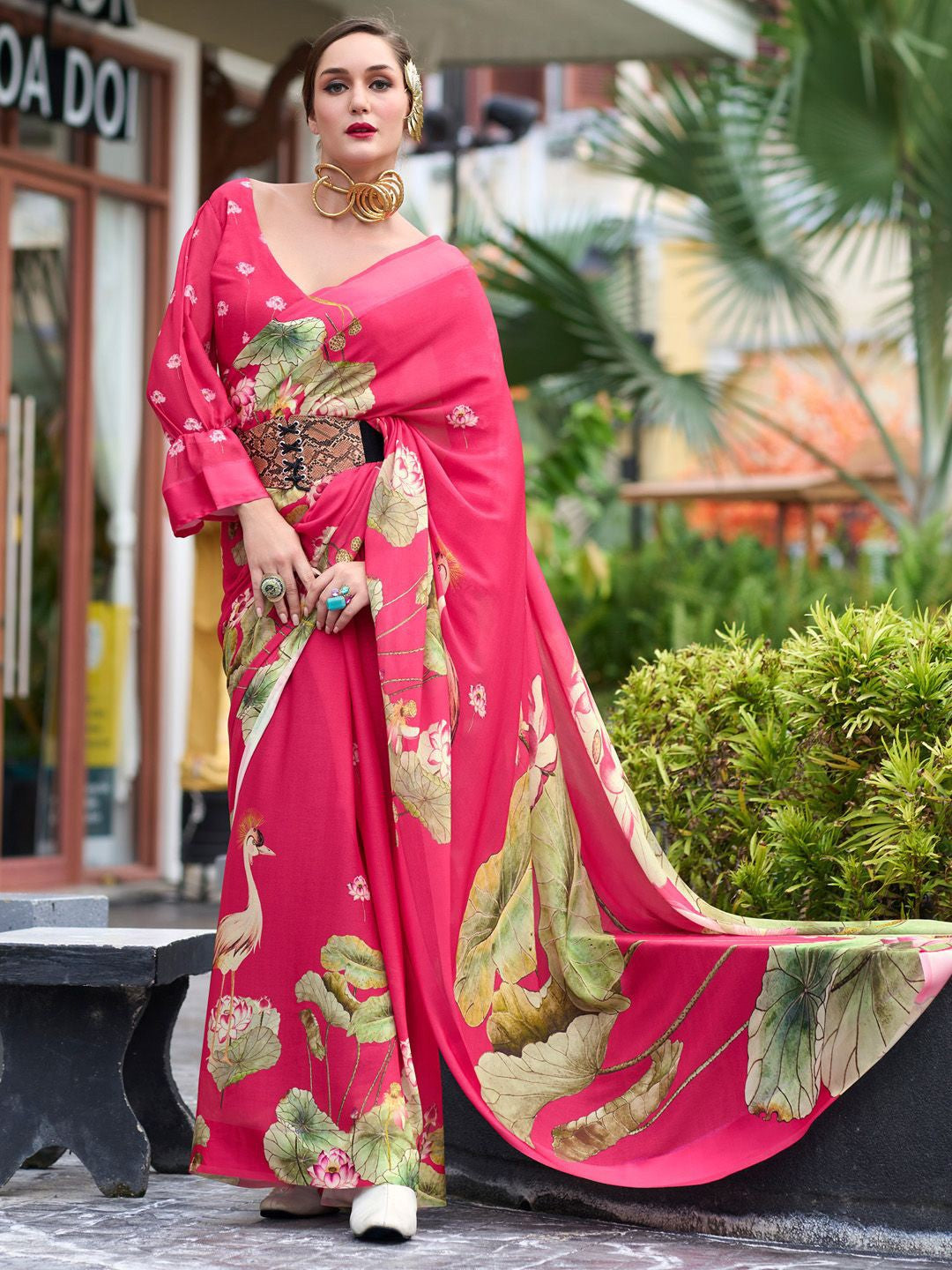 Strawberry Pink Pure Georgette Floral Printed Trending Saree