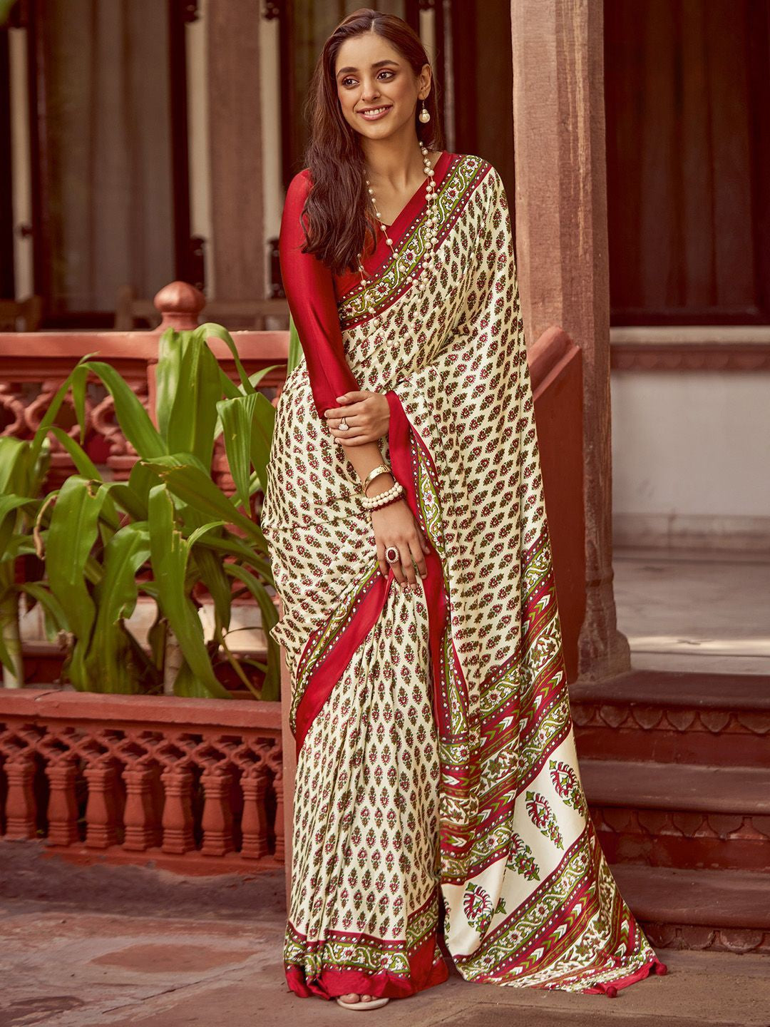 Vanilla New Ajrakh Printed Satin Crepe Saree