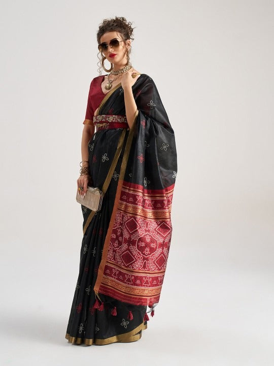 Charcoal Black Patola Handloom Saree With Fancy Blouse