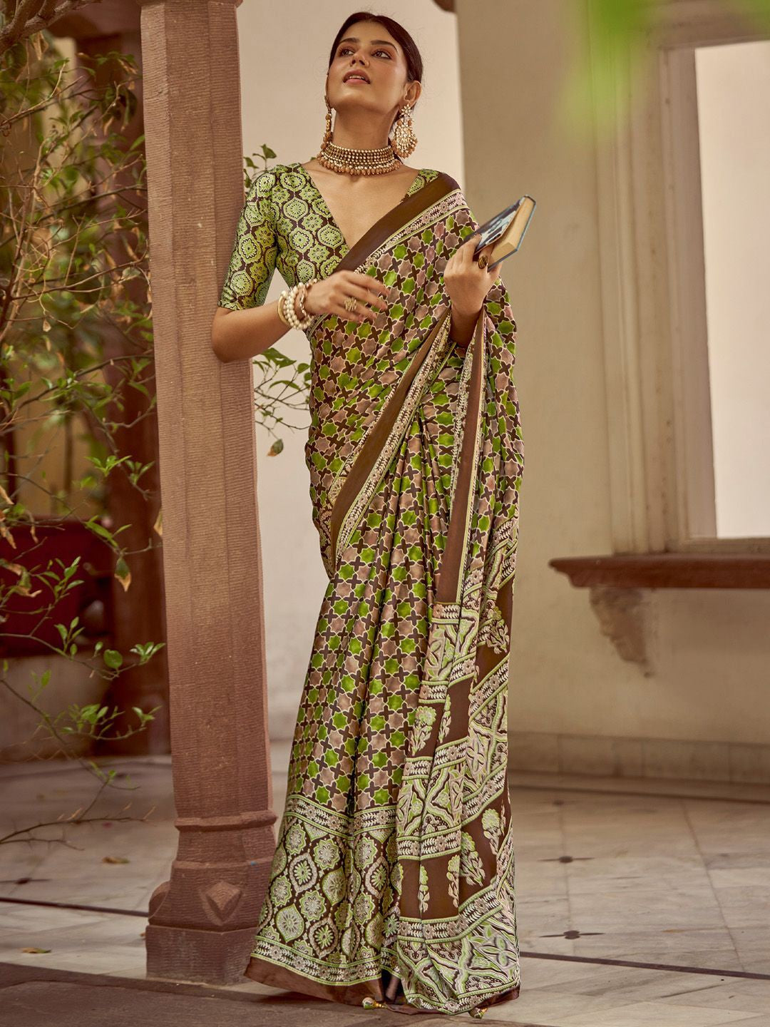 Multicolor New Ajrakh Printed Satin Crepe Saree