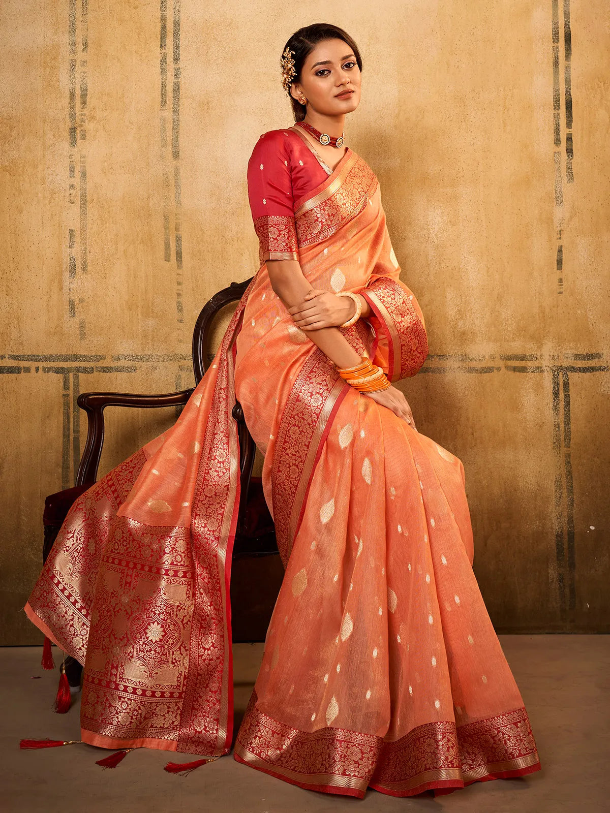 Orange Peach Traditional Banarasi Silk Saree