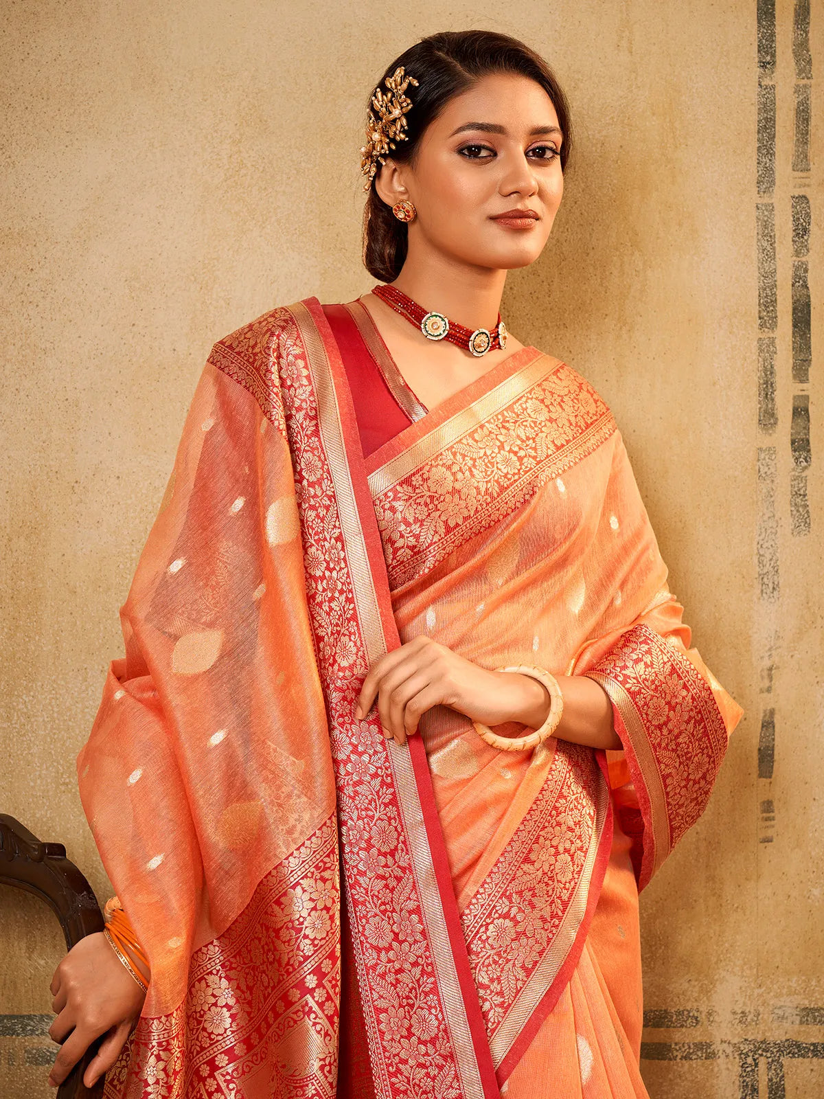 Orange Peach Traditional Banarasi Silk Saree