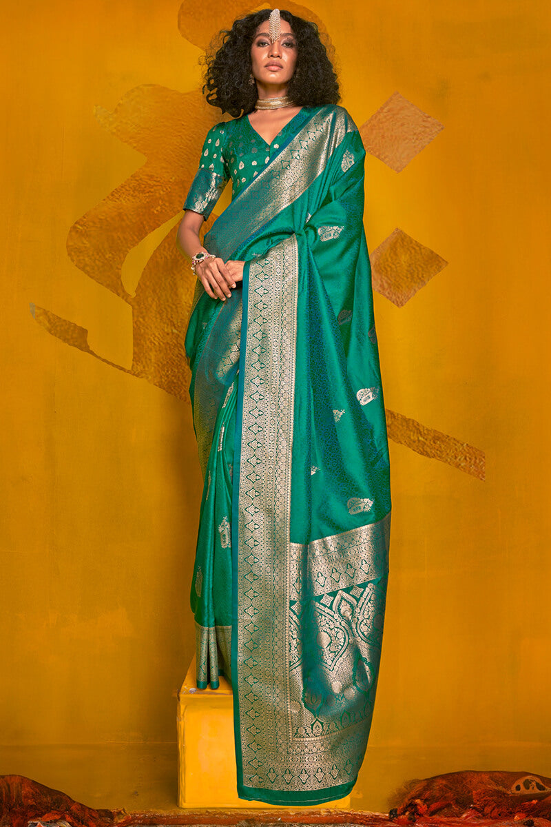 Pine Green Spun Silk Saree With Blouse Piece