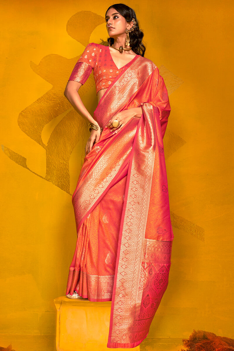 Pinkish Orange Spun Silk Saree With Blouse Piece