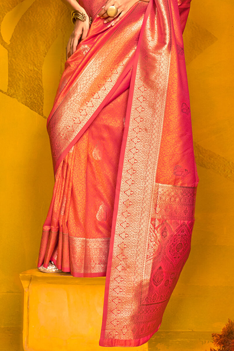 Pinkish Orange Spun Silk Saree With Blouse Piece