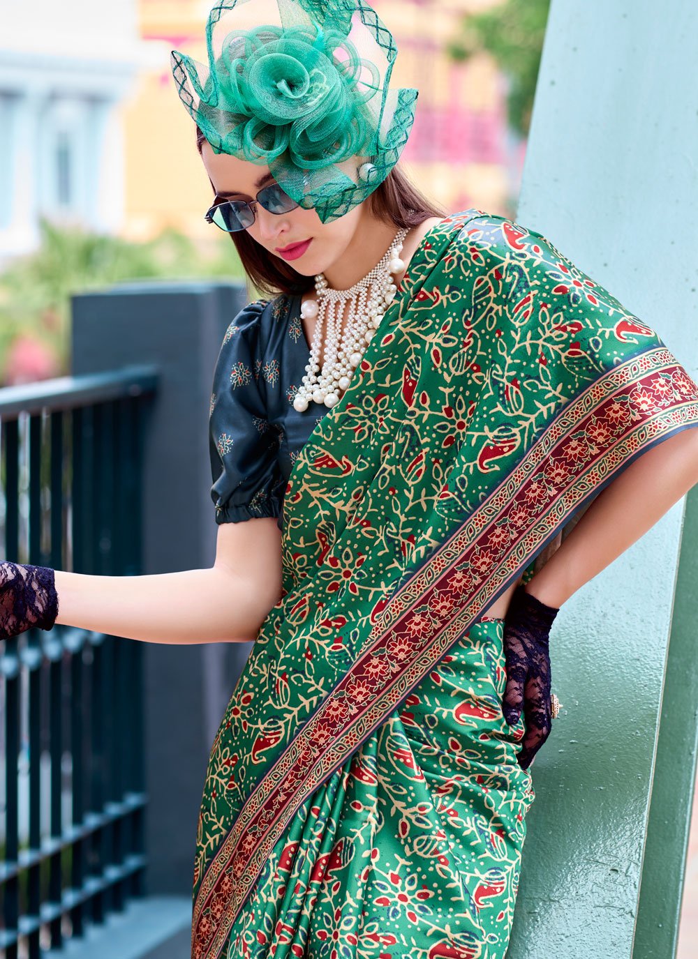 Green Tone Easy Wear Ajrakh Printed Satin Crepe Saree