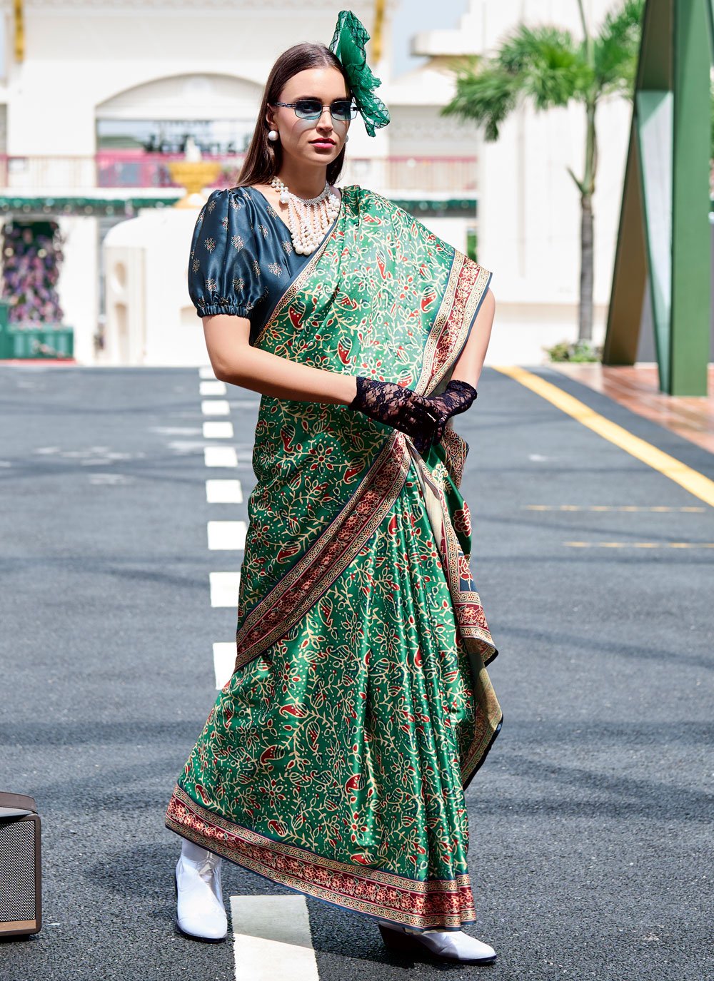 Green Tone Easy Wear Ajrakh Printed Satin Crepe Saree