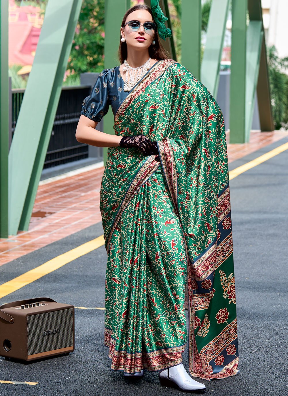 Green Tone Easy Wear Ajrakh Printed Satin Crepe Saree