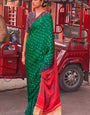 Elf Green Bandhani Ajrakh Pure Handmade Saree With Zari Pallu