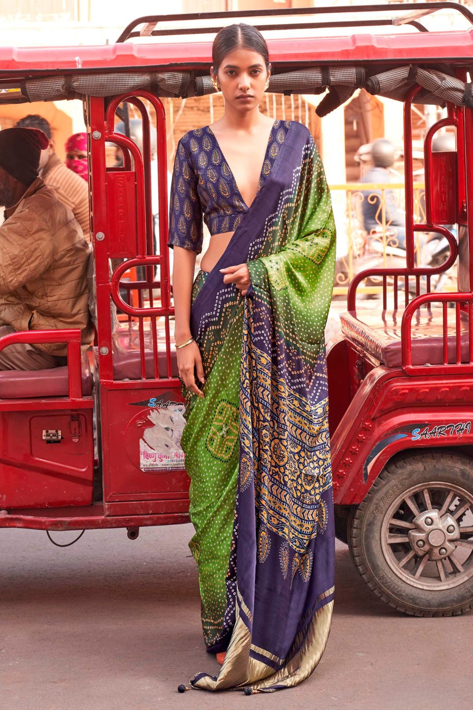 Wild Green Bandhani Ajrakh Pure Handmade Saree With Zari Pallu