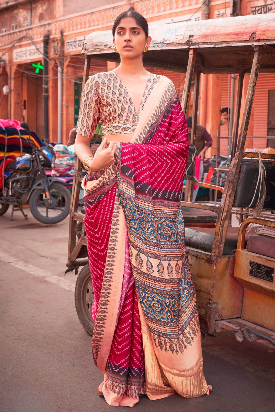 Cherry Pink Bandhani Ajrakh Pure Handmade Saree With Zari Pallu