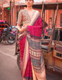 Cherry Pink Bandhani Ajrakh Pure Handmade Saree With Zari Pallu