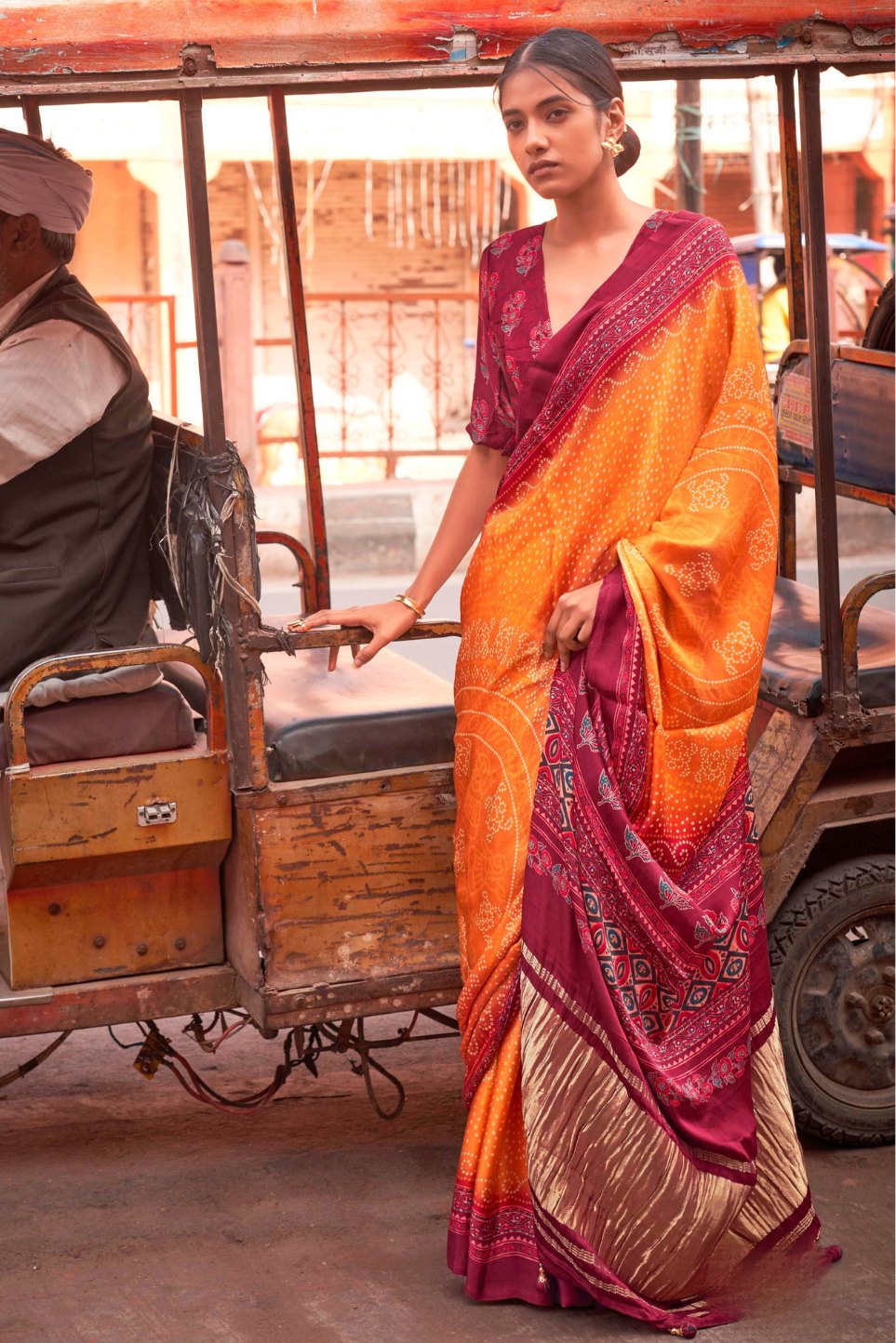 Neon Yellow Bandhani Ajrakh Pure Handmade Saree With Zari Pallu