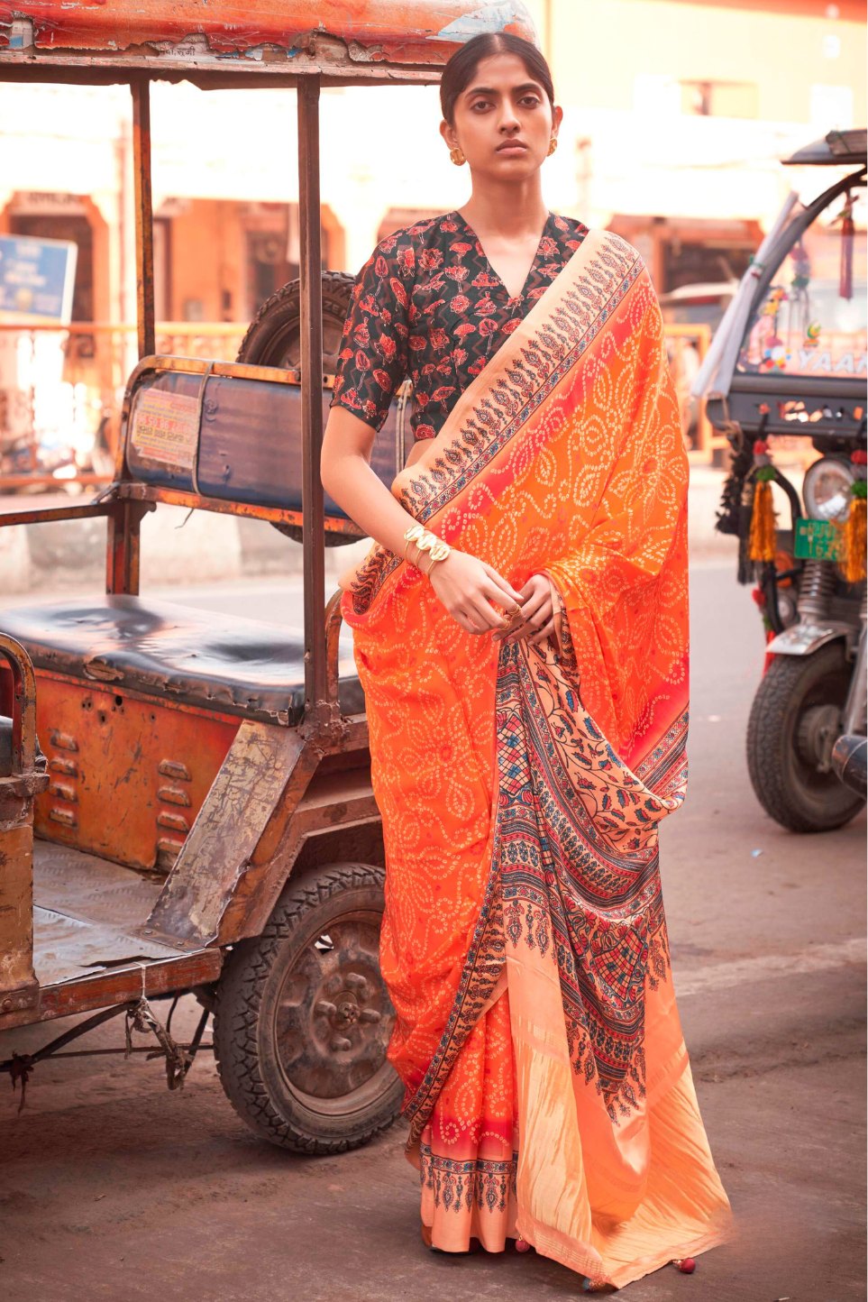 Coral Orange Bandhani Ajrakh Pure Handmade Saree With Zari Pallu