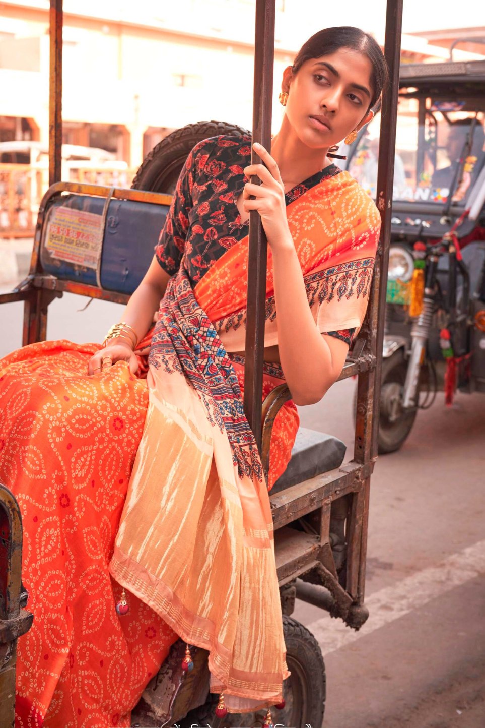 Coral Orange Bandhani Ajrakh Pure Handmade Saree With Zari Pallu