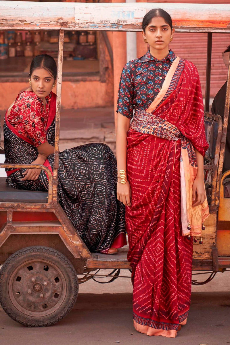 Red Bandhani Ajrakh Pure Handmade Saree With Zari Pallu