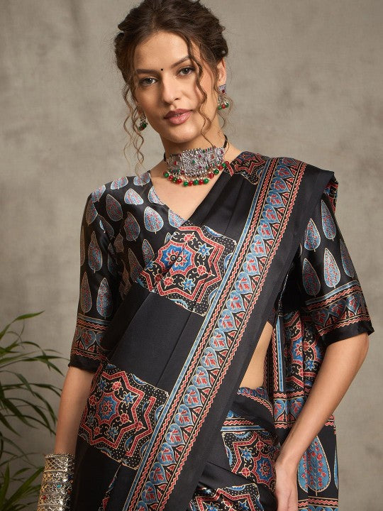 Ajrak Crepe Block Print Sarees 406