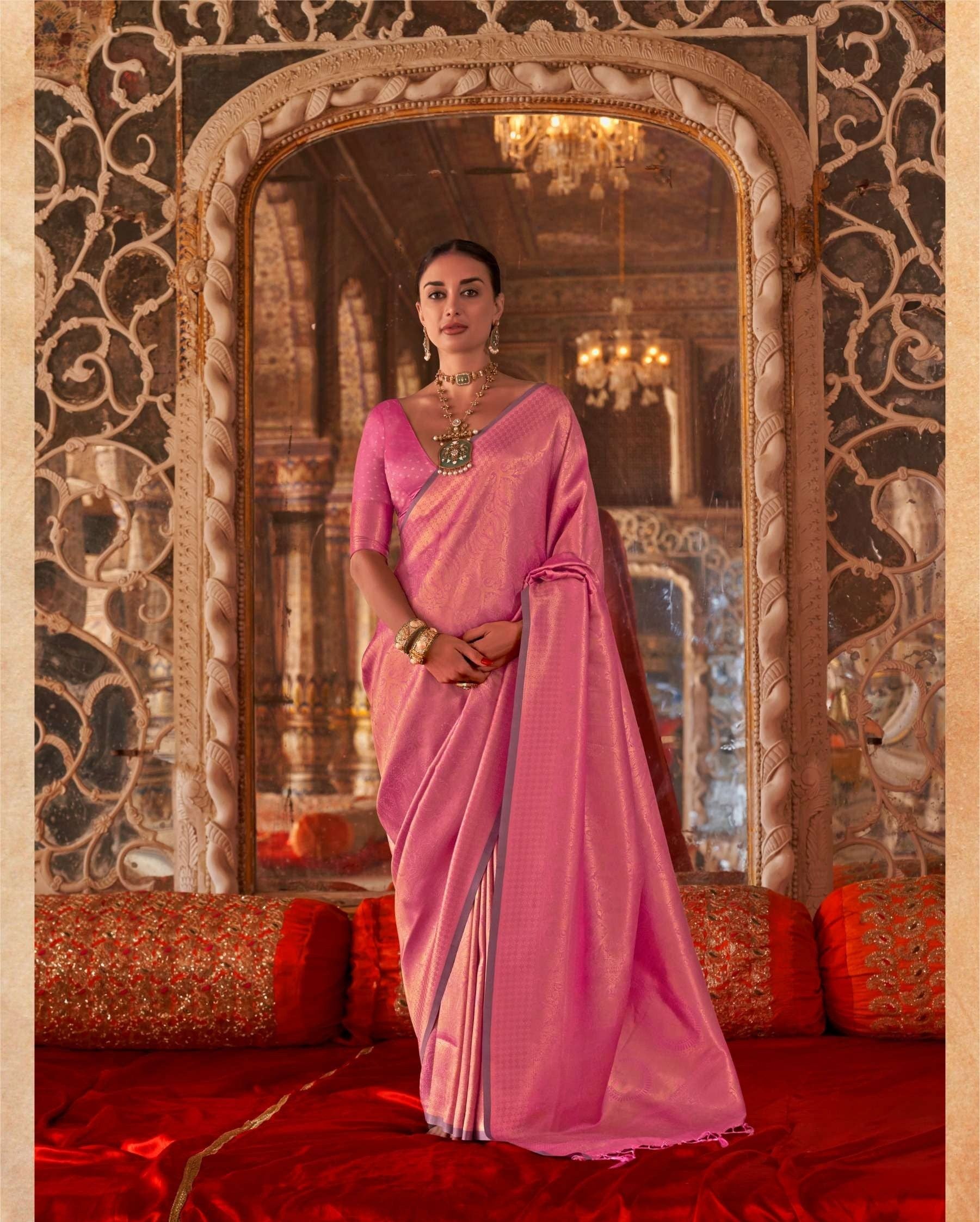 Cornflower Pink Kanjivaram Handloom Soft Silk Saree