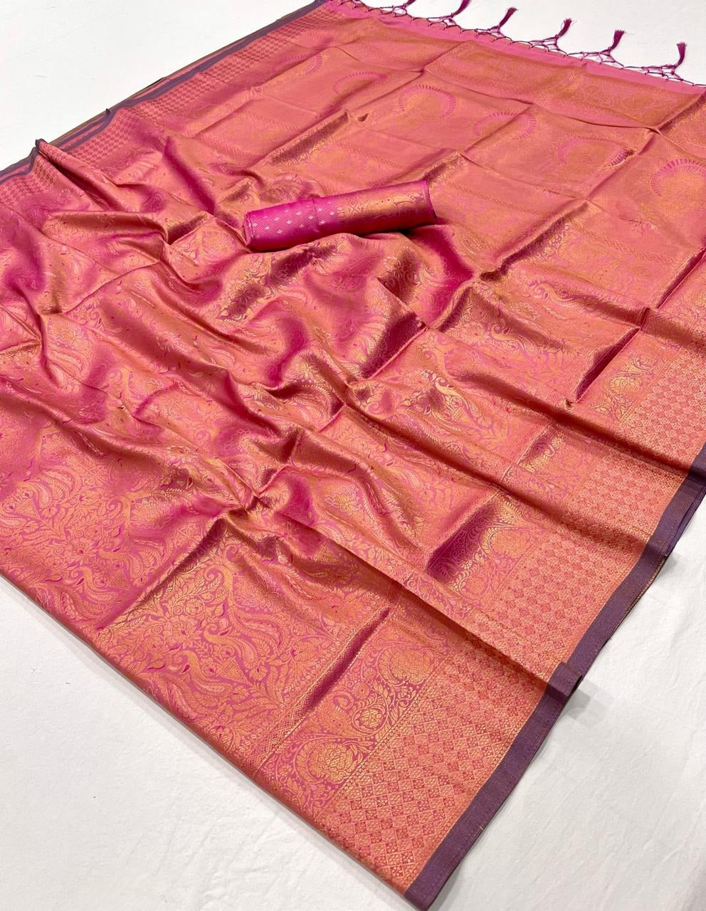 Cornflower Pink Kanjivaram Handloom Soft Silk Saree