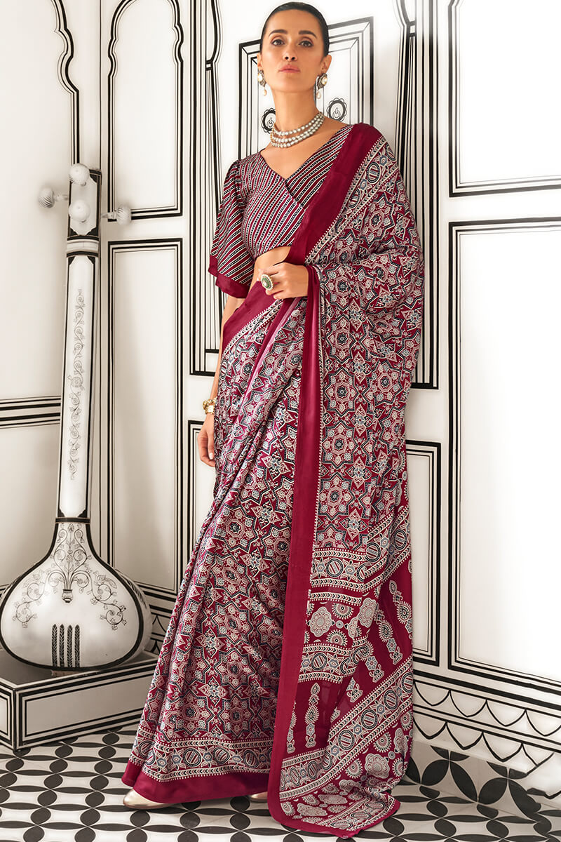 Rich Maroon Printed Ajrakh Satin Crepe Saree