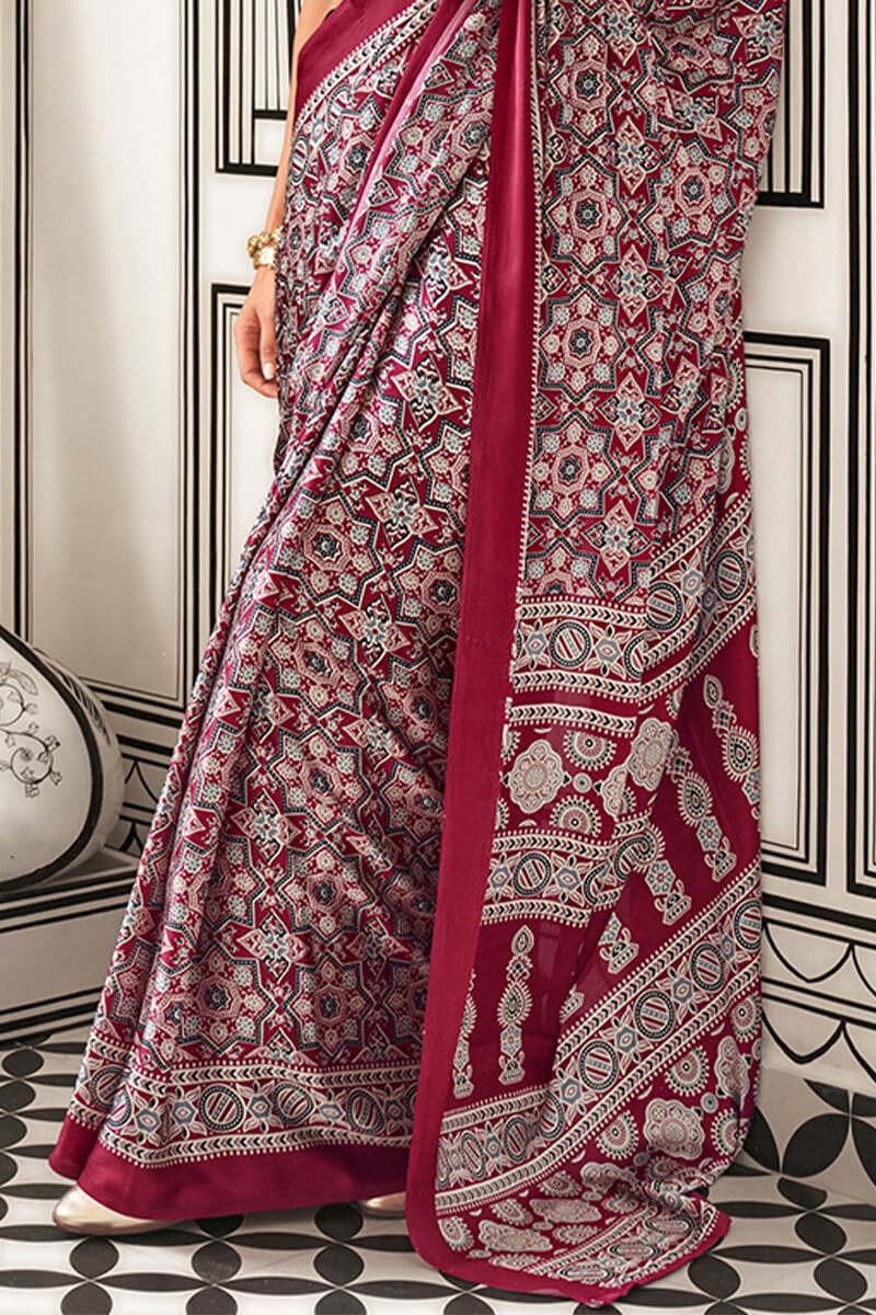 Rich Maroon Printed Ajrakh Satin Crepe Saree